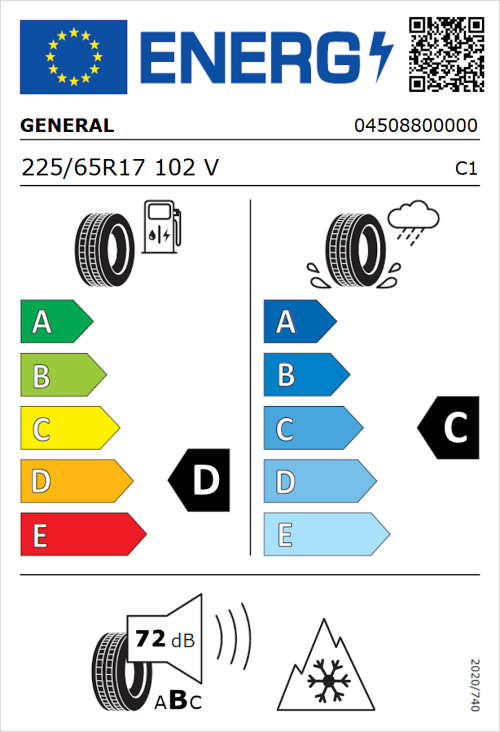 Tyre Label for General Grabber A/S 365 225/65R17 102V