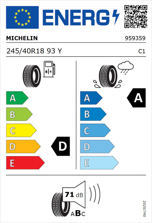 Tyre Label for Michelin Primacy 3 (Zero Pressure) 245/40R18 93Y