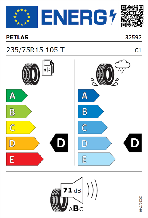 Tyre Label for Petlas Explero PT421 A/T 235/75R15 105T