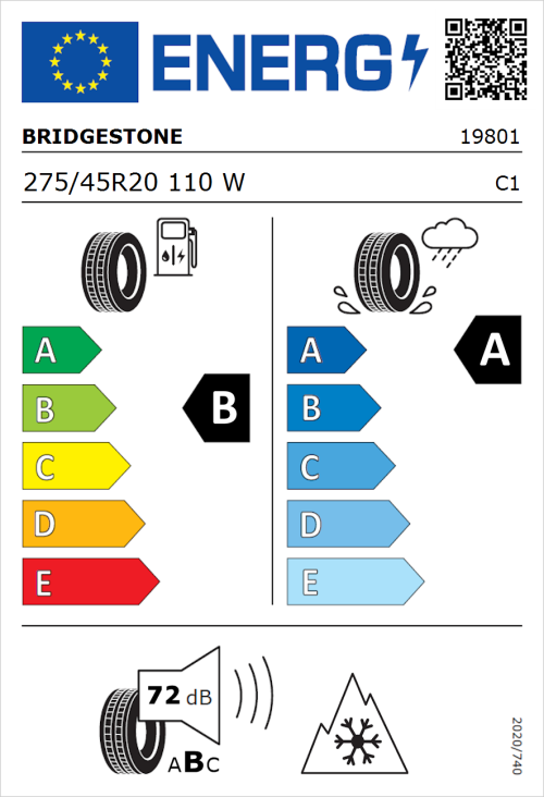 Tyre Label for Bridgestone Weather Control A005 EVO 275/45R20 110W