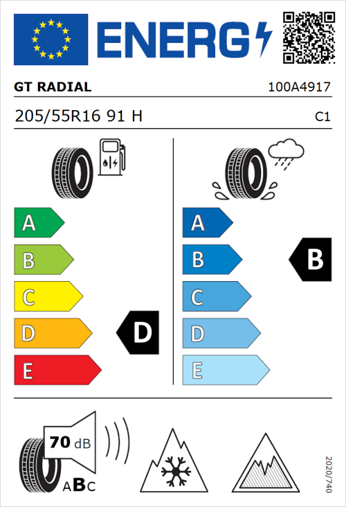 Tyre Label for GT Radial WinterPro 2 evo 205/55R16 91H