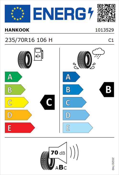 Tyre Label for Hankook Dynapro HP RA33 235/70R16 106H